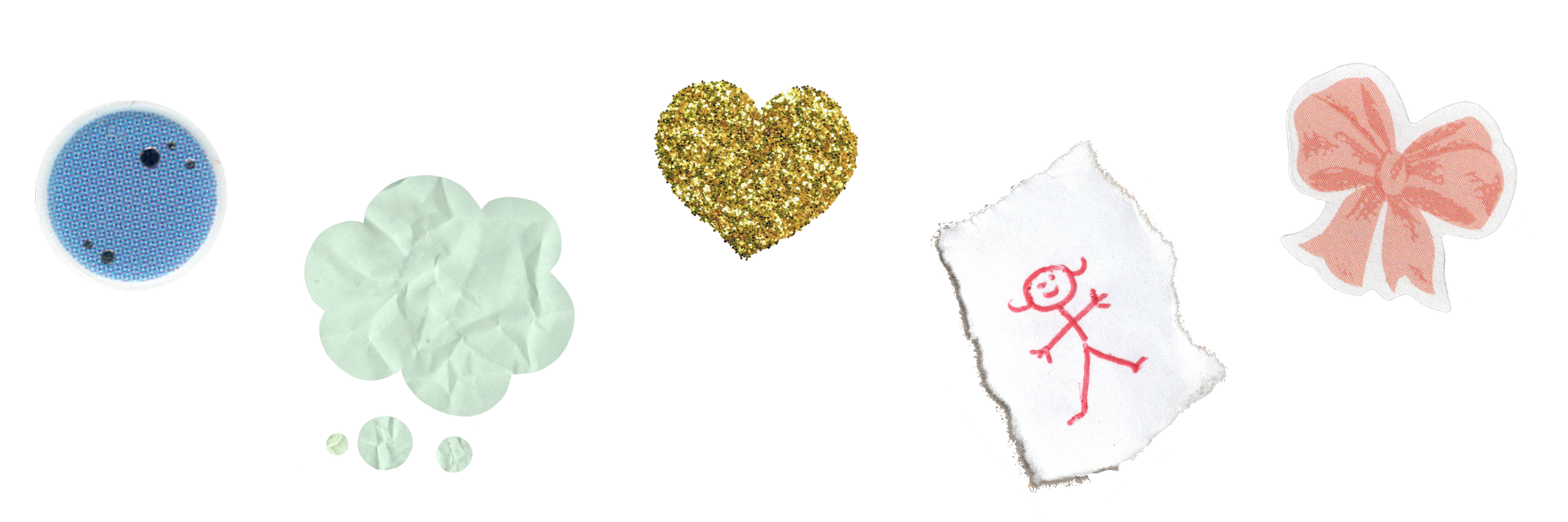 A digital collage of a blue planet sticker, a thought bubble cut from green crumpled paper, a gold glitter heart sticker, a torn out doodle of a stick figure in red pen, and a pink bow sticker on a transparent background.