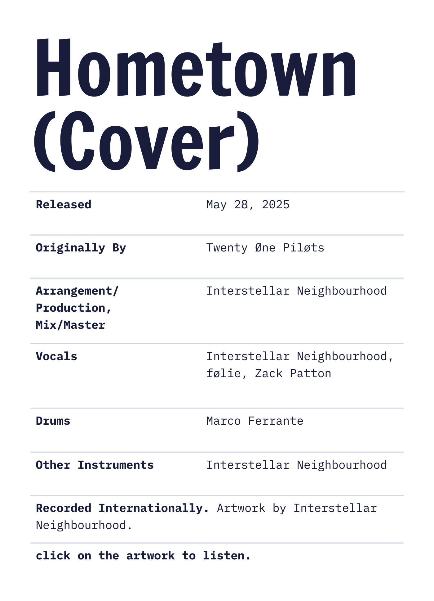 Credits and information about 'Hometown (Cover)' by Interstellar Neighbourhood ft. følie. Released May 28, 2025. Arrangement/Production, Mix/Master and artwork by Interstellar Neighbourhood. Recorded Internationally.