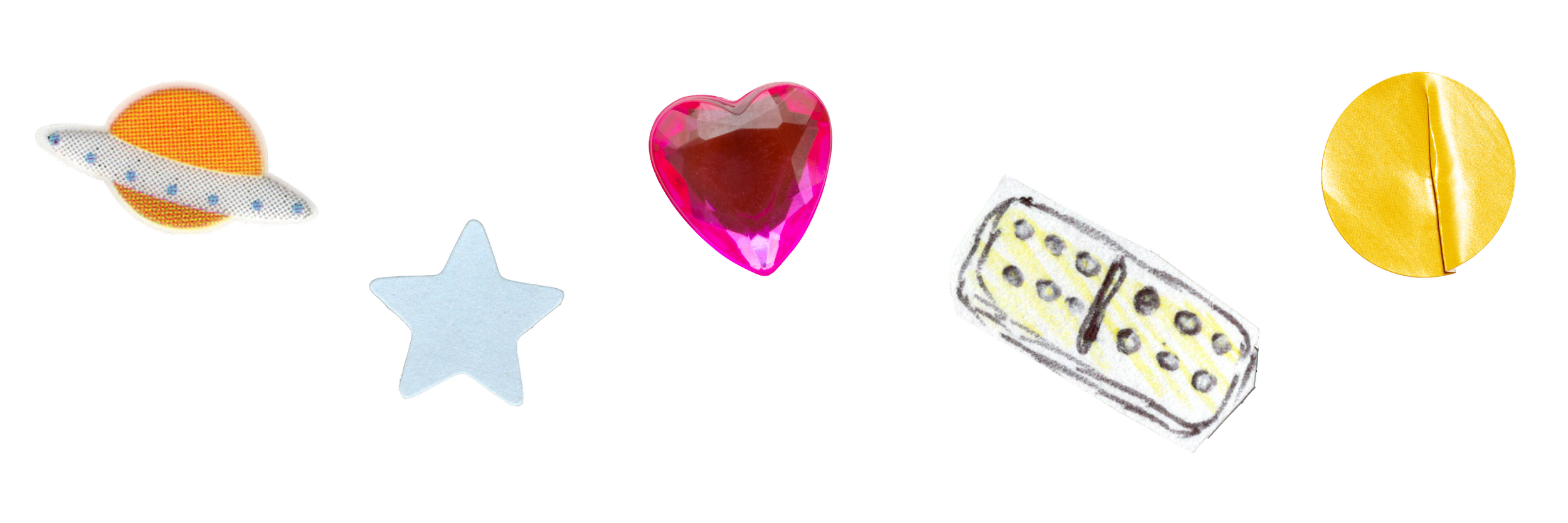 A digital collage of an orange UFO sticker, a blue paper star, a pink plastic heart gem, a cut out sketch of a domino, and a circular yellow paper sticker on a transparent background.