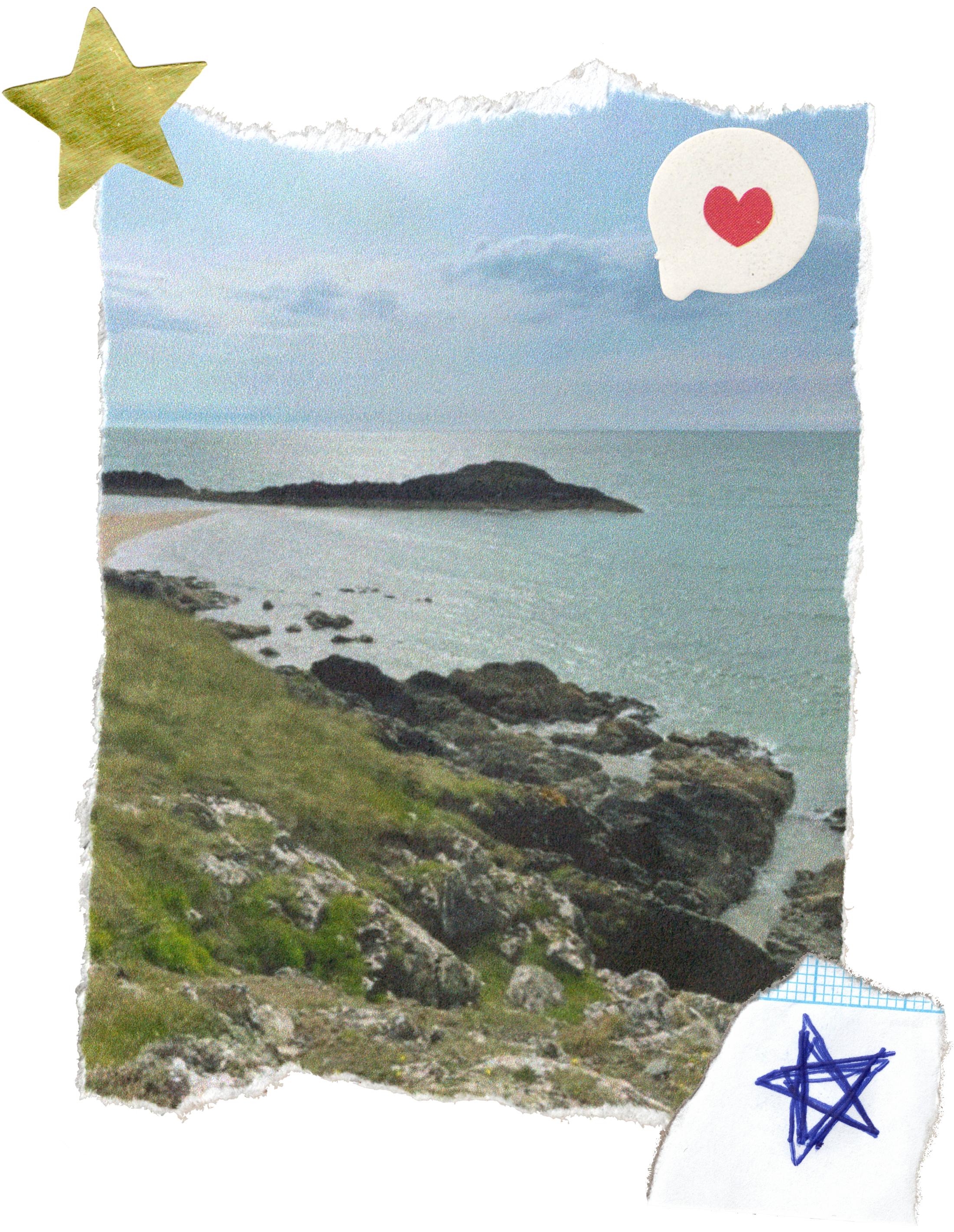 a torn-edged image of the seaside, adorned with a gold star sticker, a sticker of a speech bubble containing a red heart, and a torn out sketch of a star drawn on graph paper