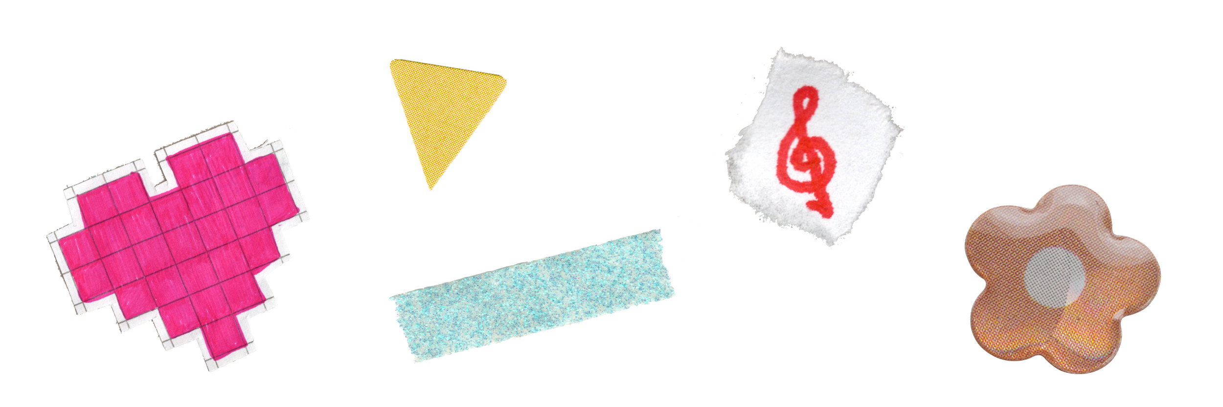a digital collage, including a pixel heart created by filling in grid paper with pink pen, a triangular yellow paper sticker, a piece of turquoise glitter tape, a torn out doodle of a treble clef in red marker, and a metallic orange flower sticker