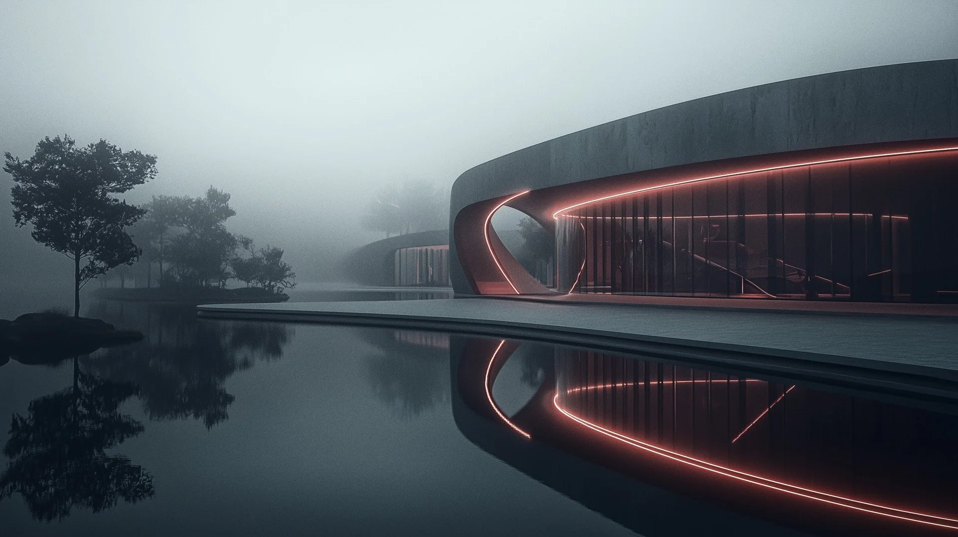 Modernes Gebäude mit geschwungenen Formen und rotem Neonlicht, umgeben von Wasser und Bäumen, im Nebel, KI generiertes Bild, KI Illustrationen