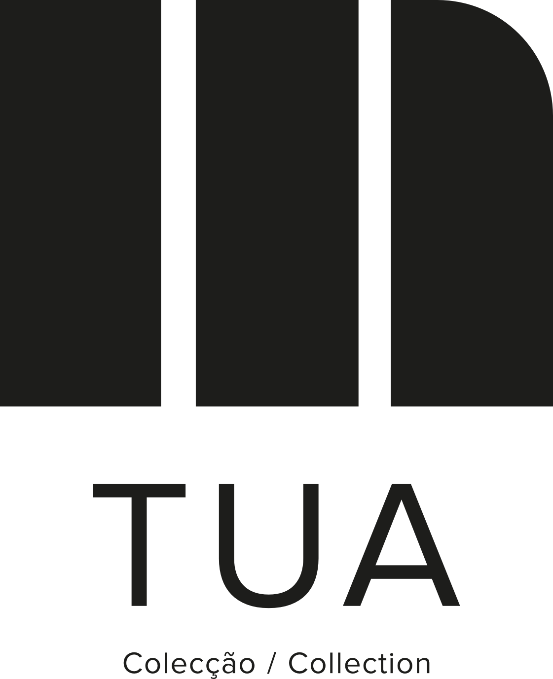 Imagem com o logotipo da coleção TUA, com três retângulos verticais pretos e as palavras 'Colecção / Collection' na parte inferior.