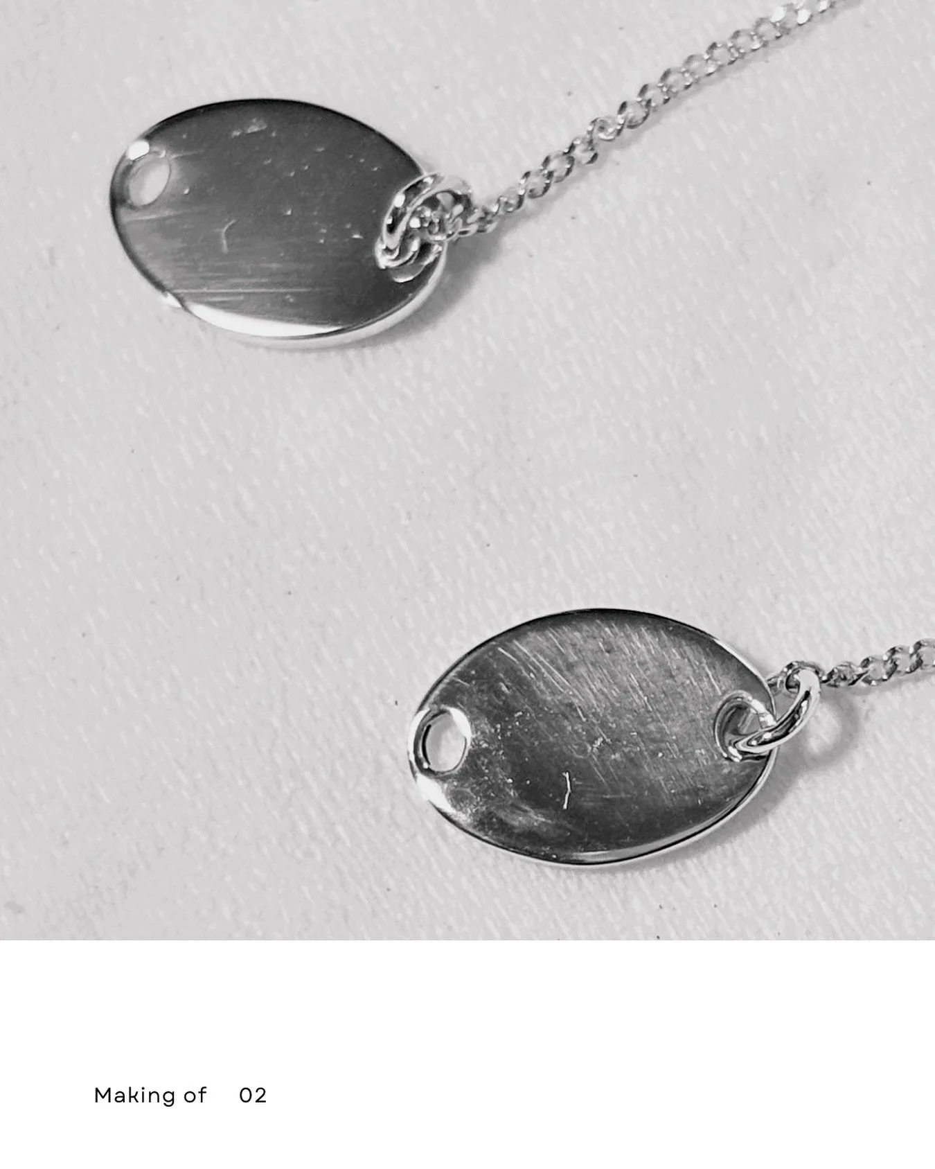 Producing with consistency.
Our first batch of necklace tags were cast in custom moulds, but small-scale casting led to surface defects and milky spots. Polishing them out thinned the tags too much, so we moved to precision stamping for a cleaner, mo