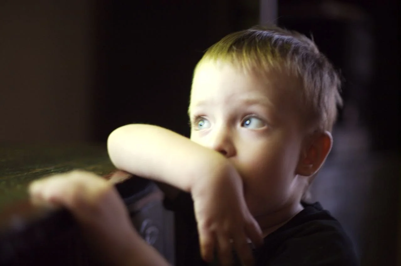 A young boy named Bond who has blond hair and blue eyes, is resting his head on his arm, looking out of a window with sunlight illuminating his face.
