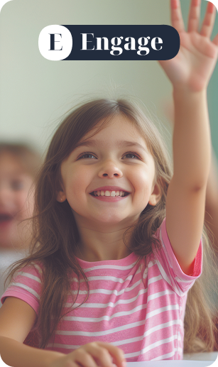 A young girl in a classroom raising her hand, with other students in the background, and an engagement logo at the top left corner.