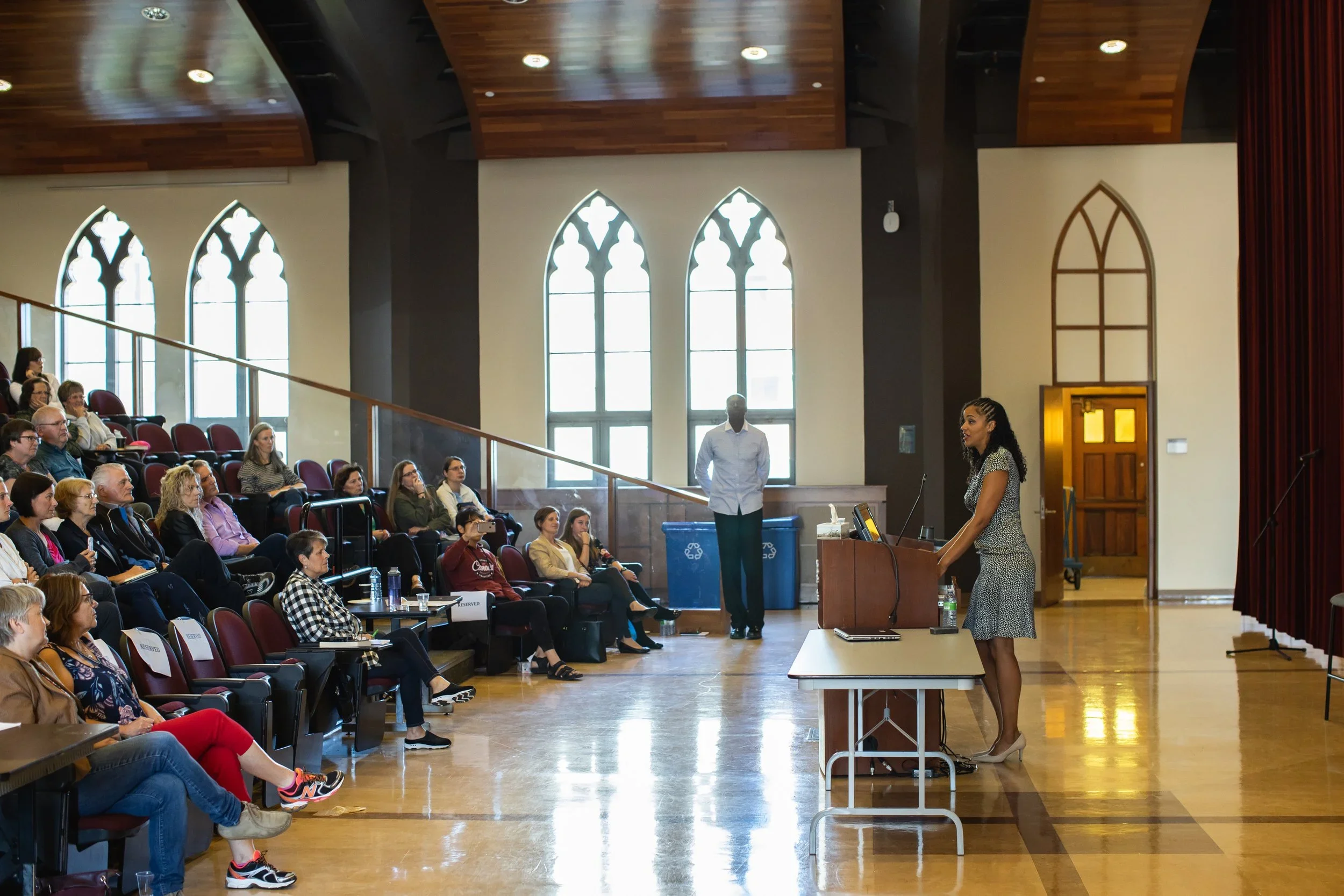 Cheyenne Jones delivering a keynote on human trafficking, demand, and exploitation at Saint Mary's University. 