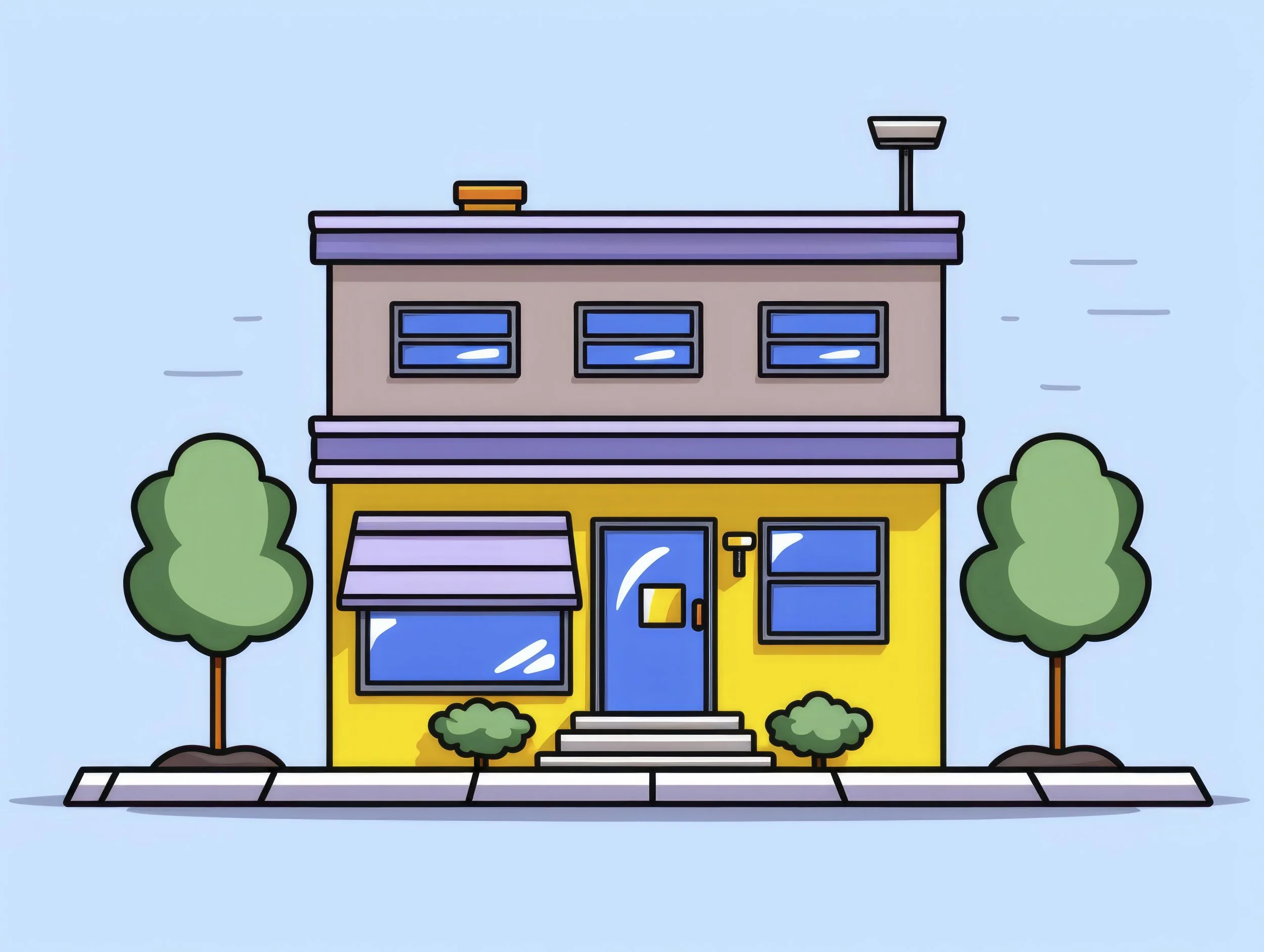 Ilustração de uma casa de dois andares com fachada amarela, janelas azuis, porta azul, duas árvores e arbustos ao redor.