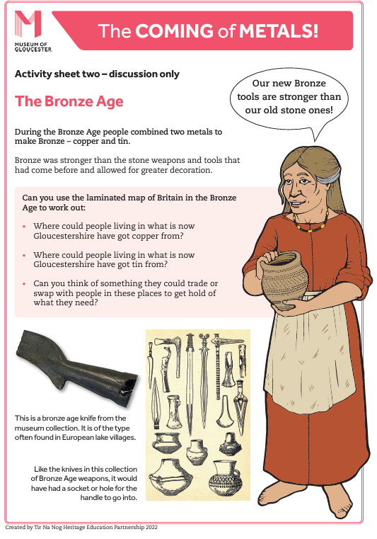 Illustration of a woman dressed in traditional clothing holding a Bronze Age pot, with images of Bronze Age tools and weapons, including a bronze knife and a collection of Bronze Age tools, related to the Bronze Age in Britain.