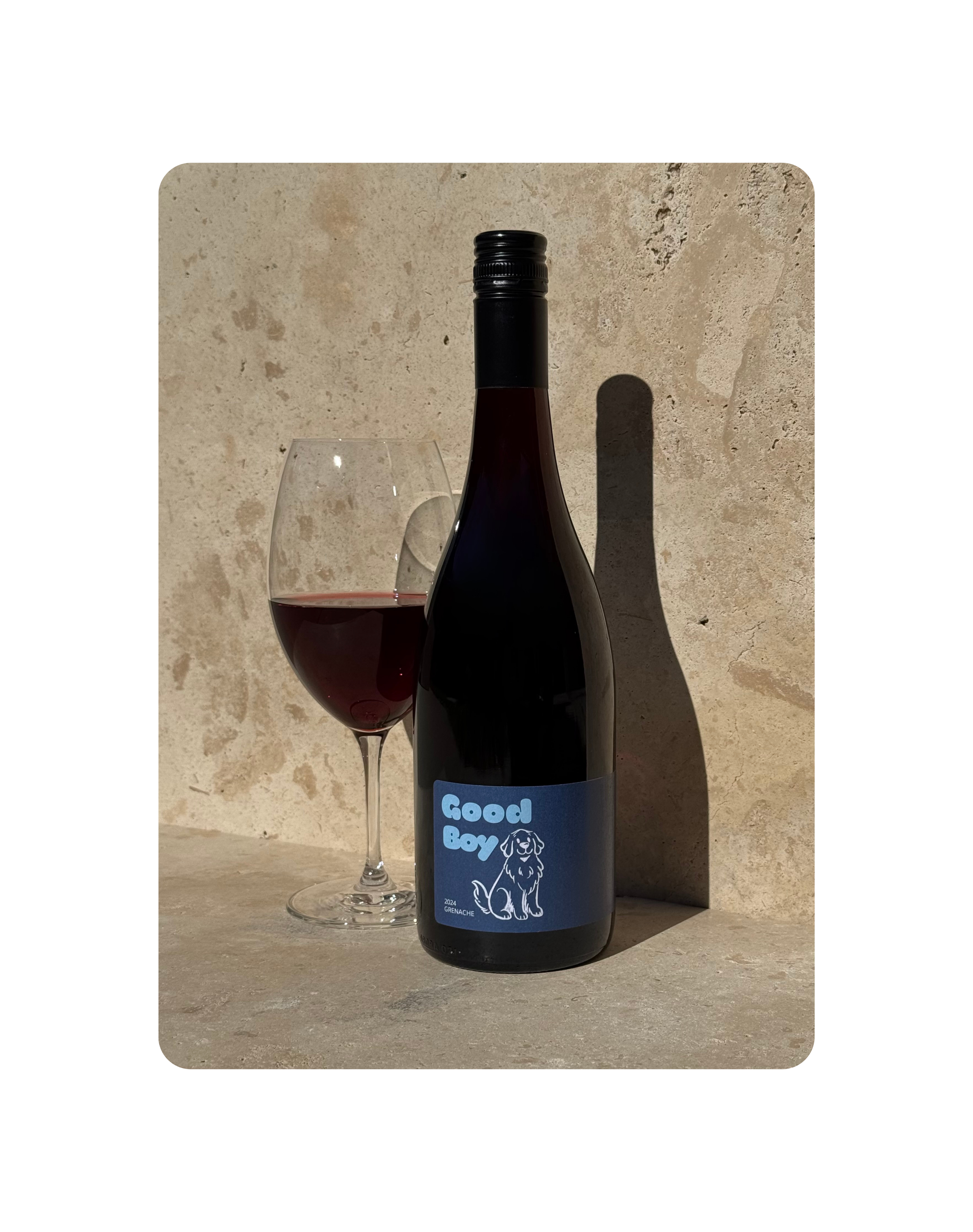 Goodman Viticulture Good Boy Grenache and Wine Glass