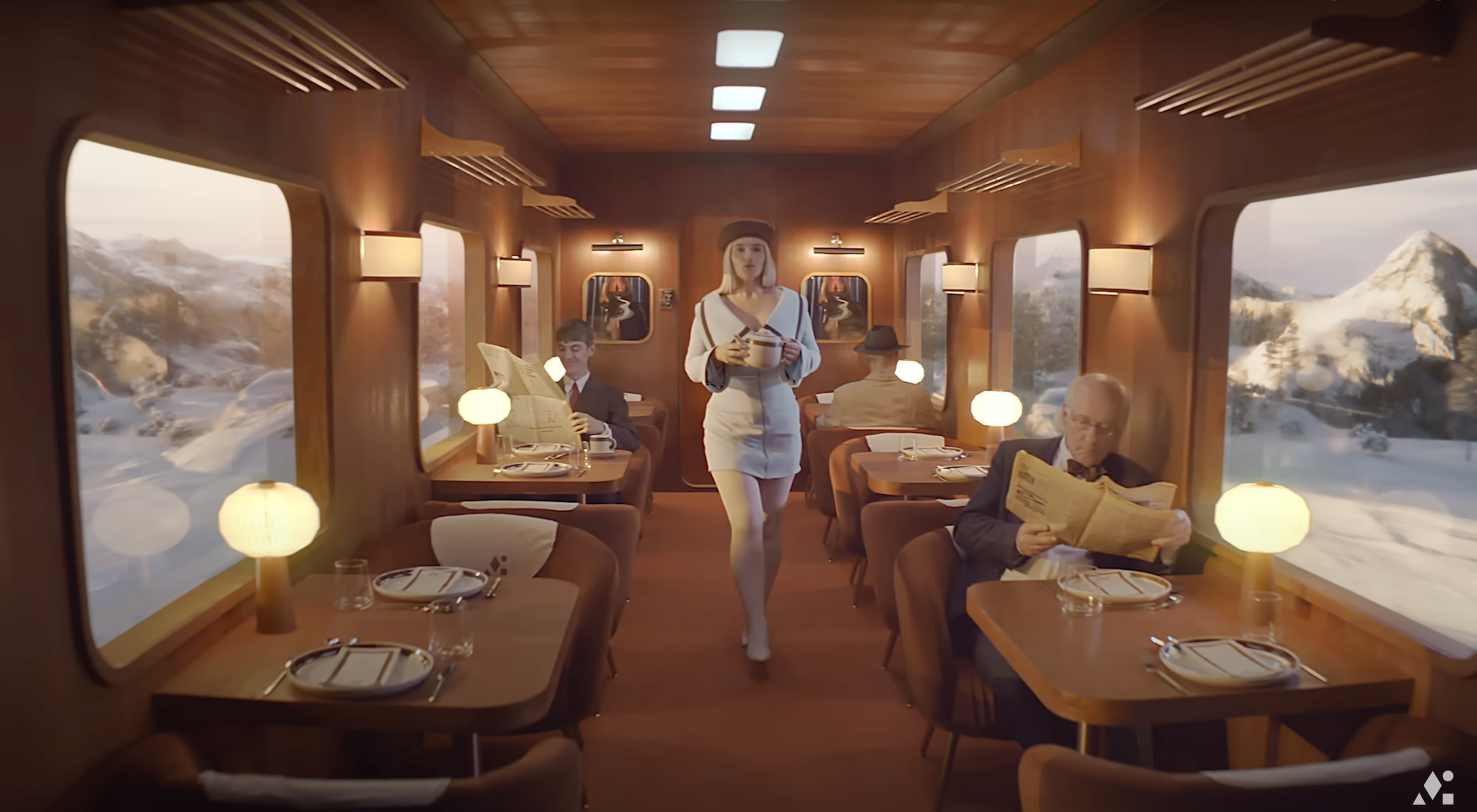 Interior of a vintage train dining car with wood paneling, illuminated by round lamps, showing passengers reading and a woman walking down the aisle, with snowy mountain scenery outside the windows.