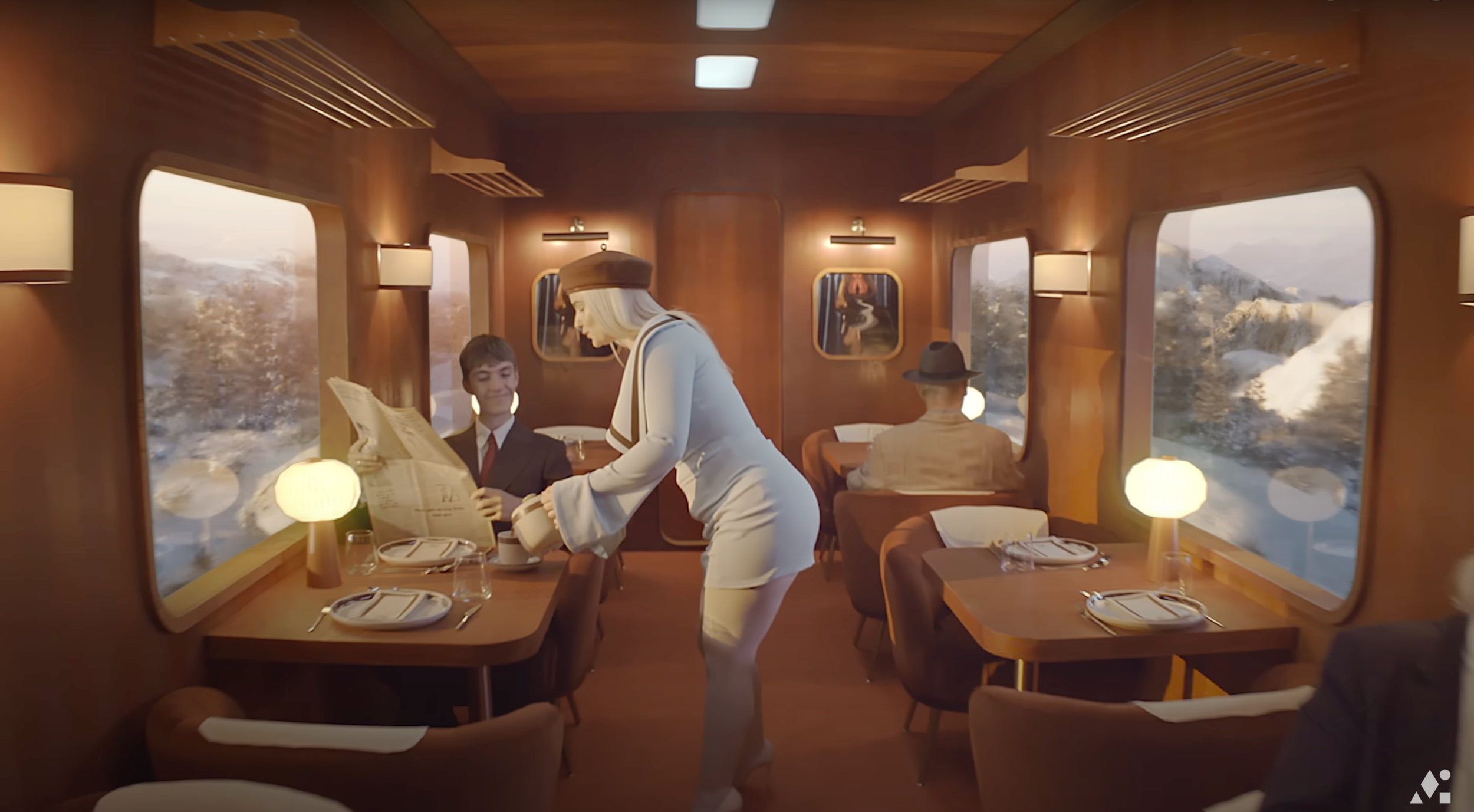 Inside a vintage train dining car with leather chairs and wooden paneling, a woman in a white dress and hat serves a young man in a suit who is reading a newspaper, while another man sits with his back to the camera.