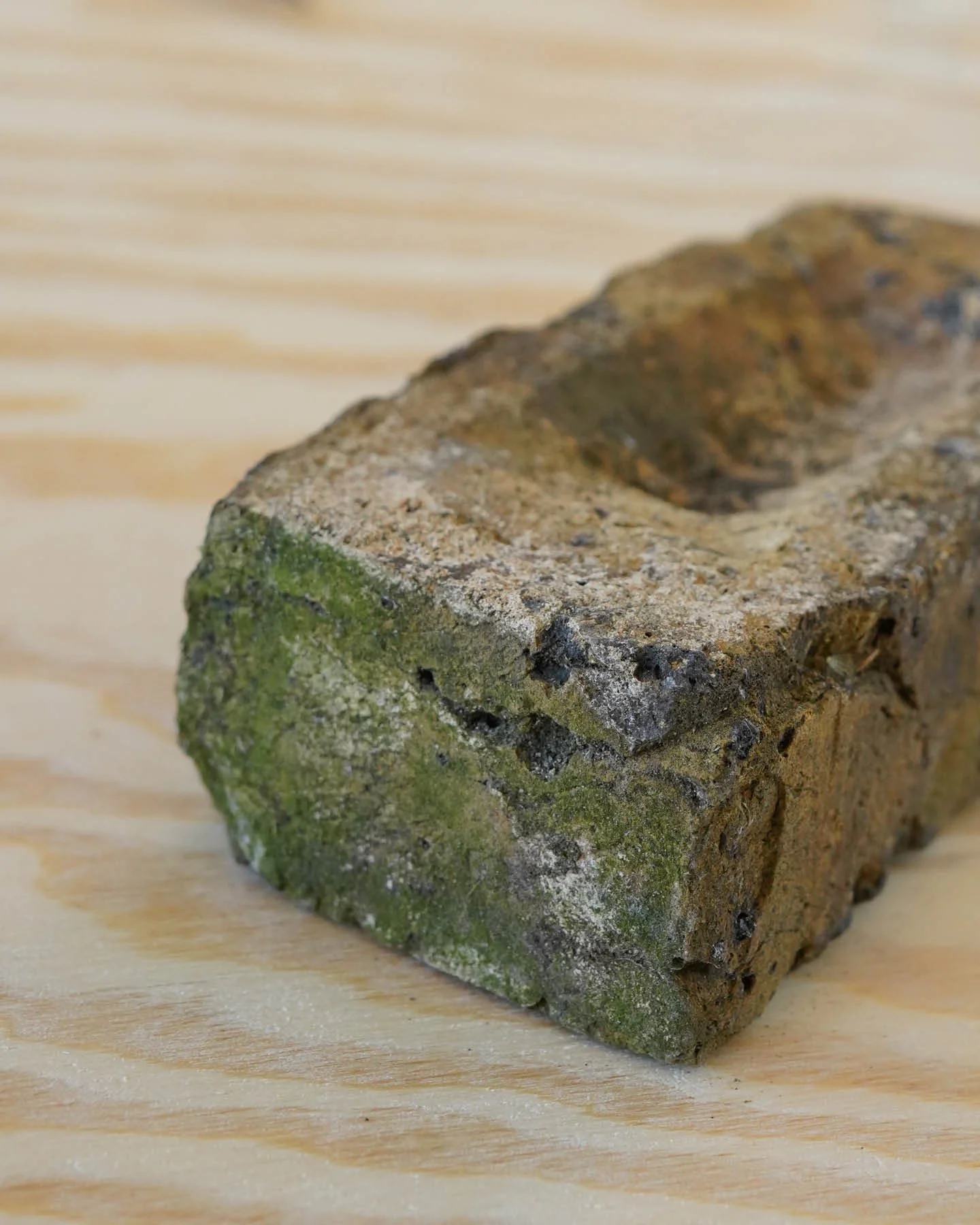 A weathered brick with patches of green moss on a wooden surface.