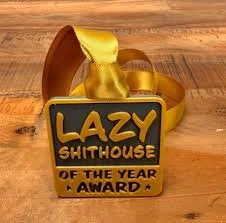 Humorous award medal with the text "Lazy Shithouse of the Year Award" on a wooden surface.