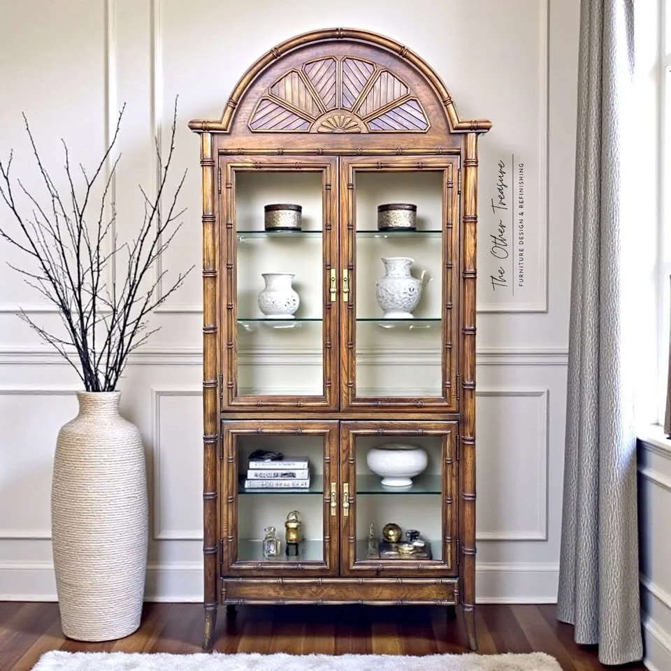 Vintage Faux Bamboo Arched Cabinet | Tall Glass Curio | Hutch