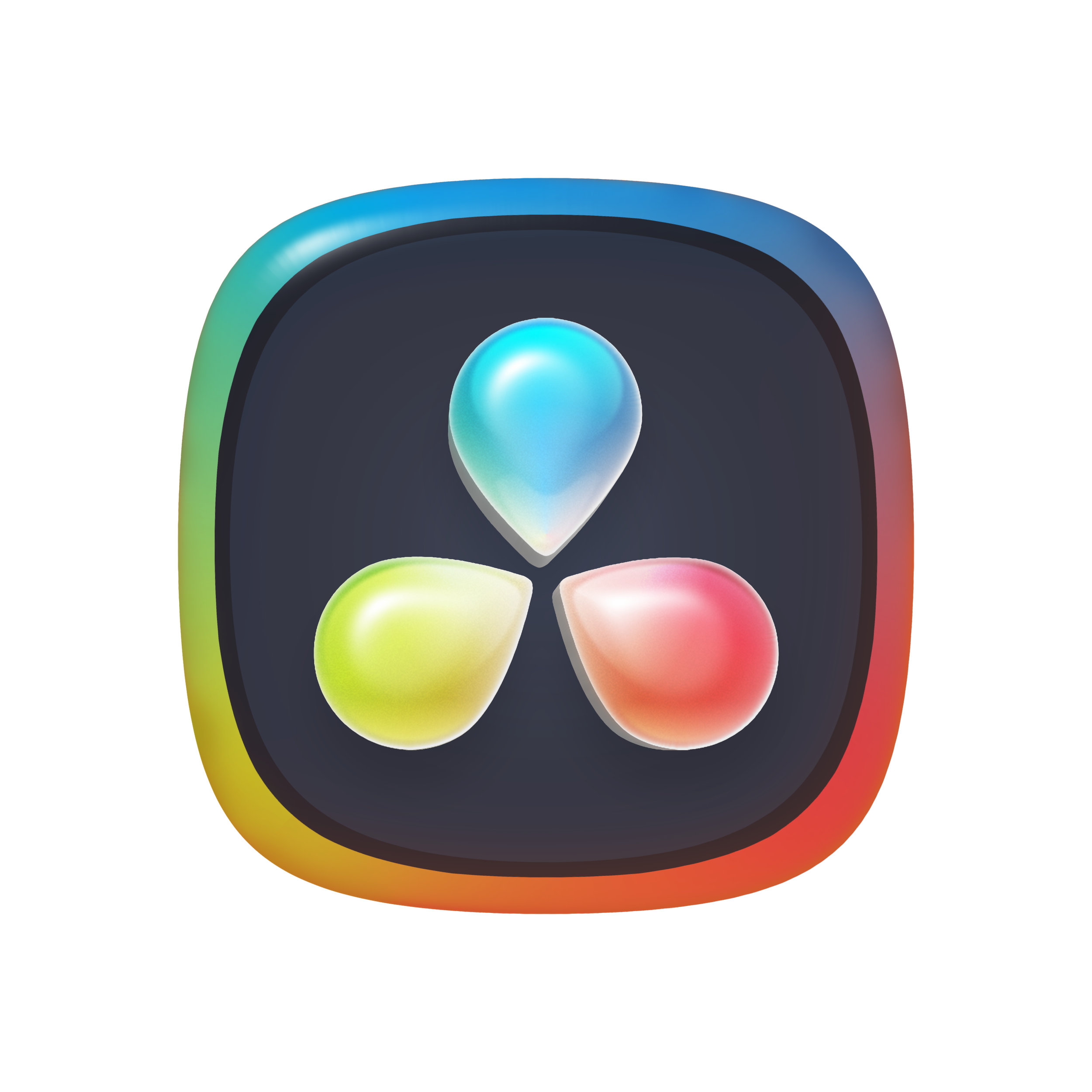 Close-up of a stylized app icon with a black background and three colorful teardrop-shaped elements in blue, yellow, and red arranged in a triangular pattern.