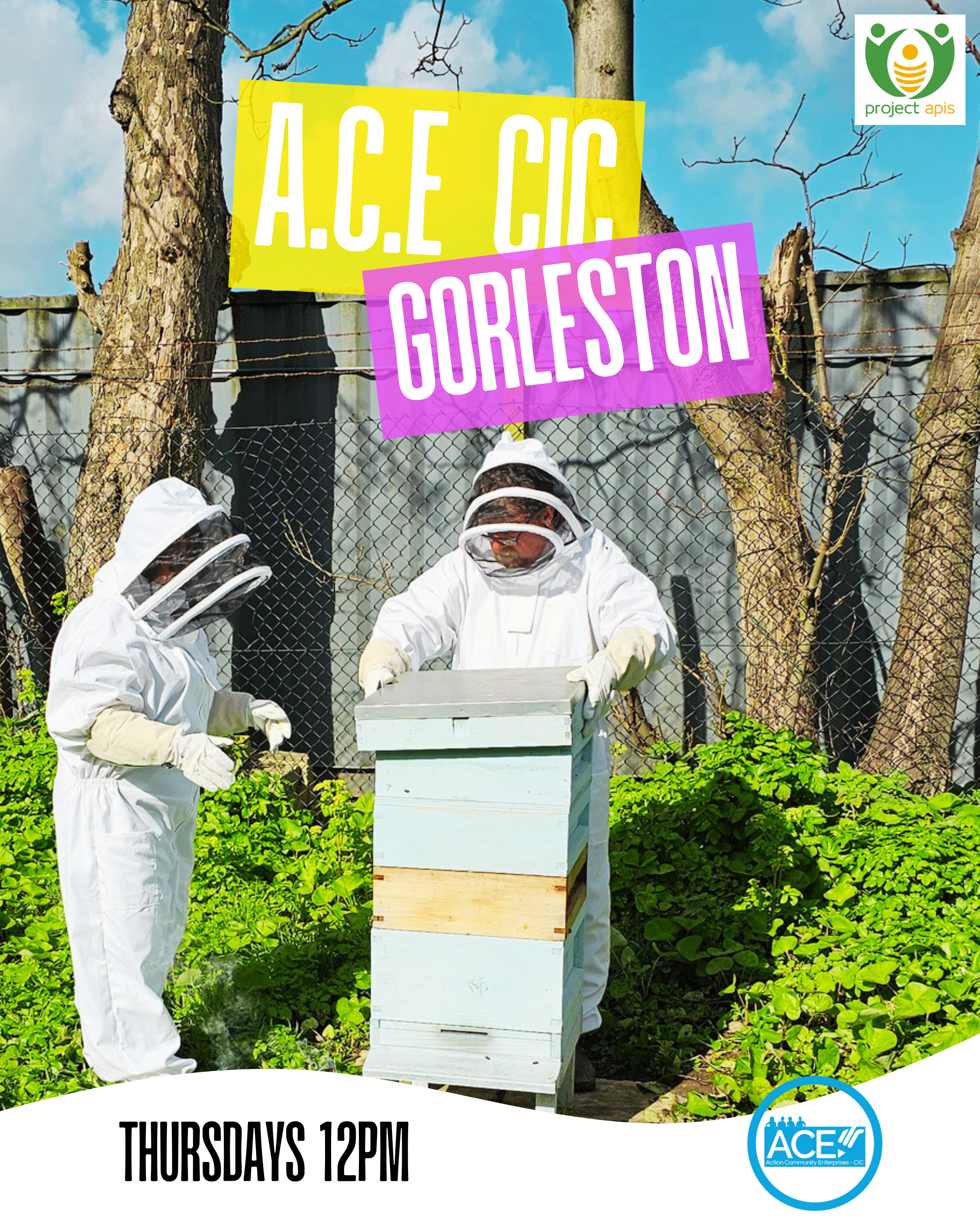 Two beekeepers in white protective suits and veils near a white hive box in a garden with green plants and trees. A blue sky with some clouds is in the background. A banner overlay reads 'A.C.E CIC' and 'GIRL ESTON' in large, colorful text. The top right corner features the Project APIS logo, and the bottom right corner has the ACE logo, with text indicating an event on Thursdays at 12 PM.