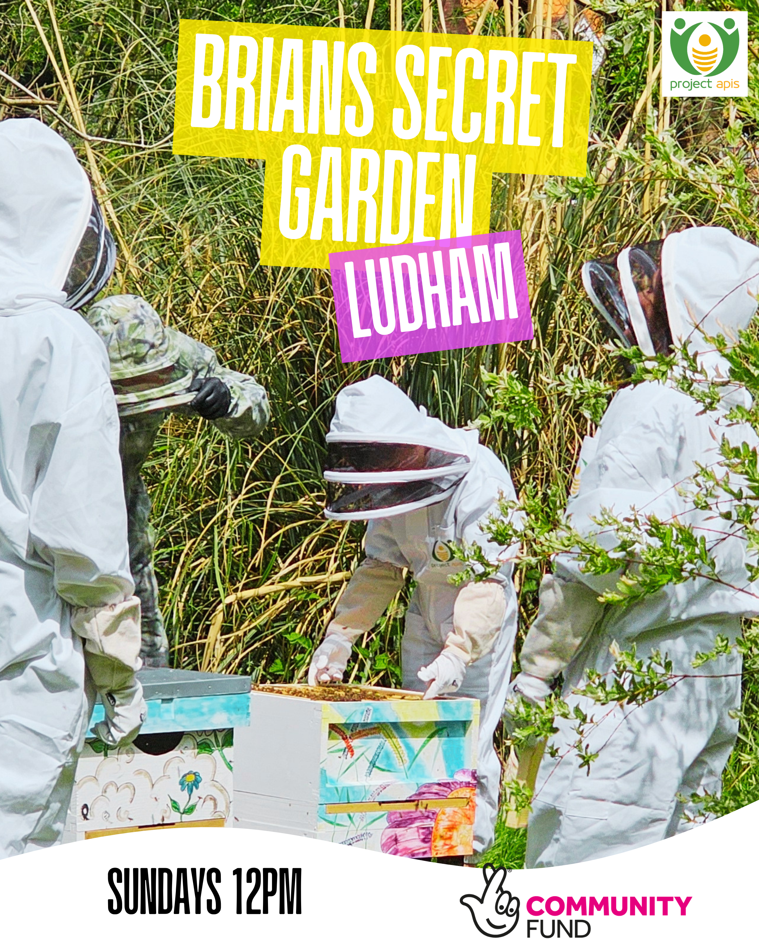 Children wearing white protective suits and face masks planting trees outdoors in a green environment, with colorful drawings and a banner that reads 'Brians Secret Garden Luham,' with a logo of Project Apis and text about community events.