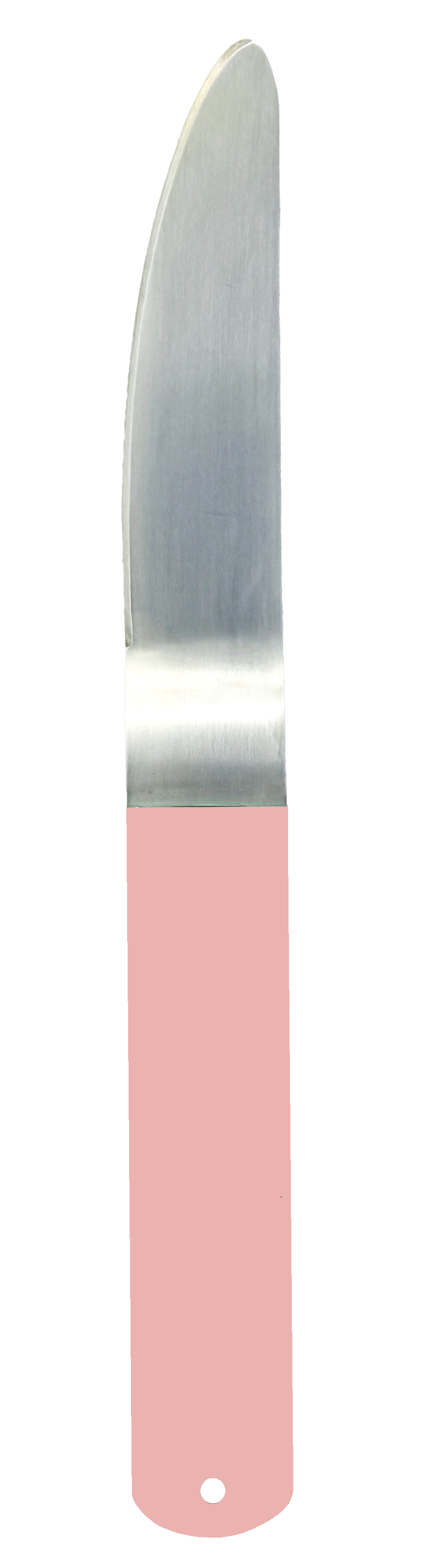 Silver-plated butter knife with a soft corners and a powder-coated handle in a pink.