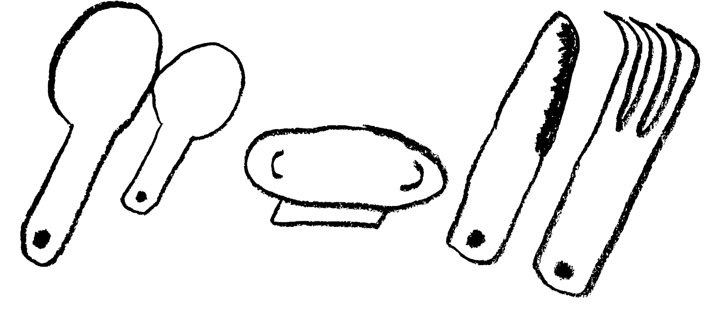 Outline drawing of a fork, a spoon, a plate, and a knife arranged in a line.