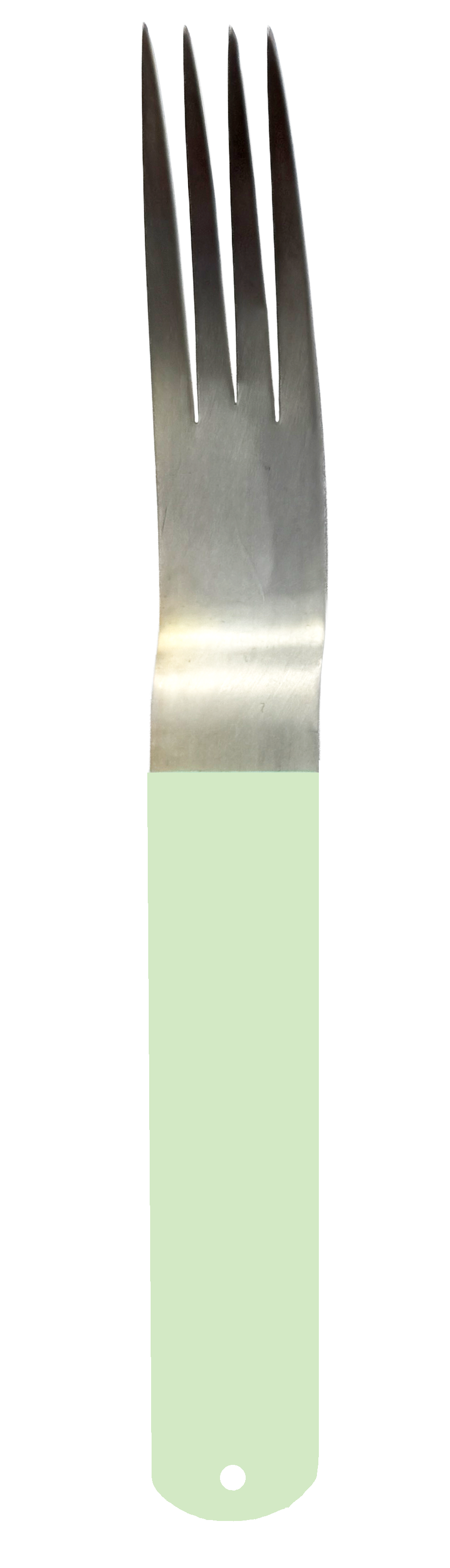 Silver-plated fork with four tines and a powder-coated handle in a mint green.
