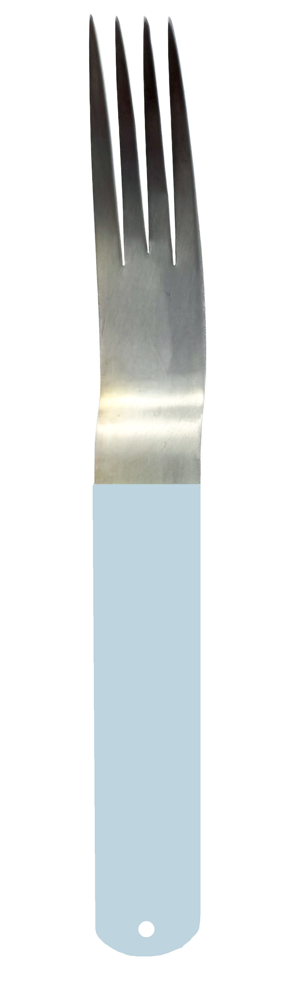 Silver-plated fork with four tines and a powder-coated handle in a light blue.