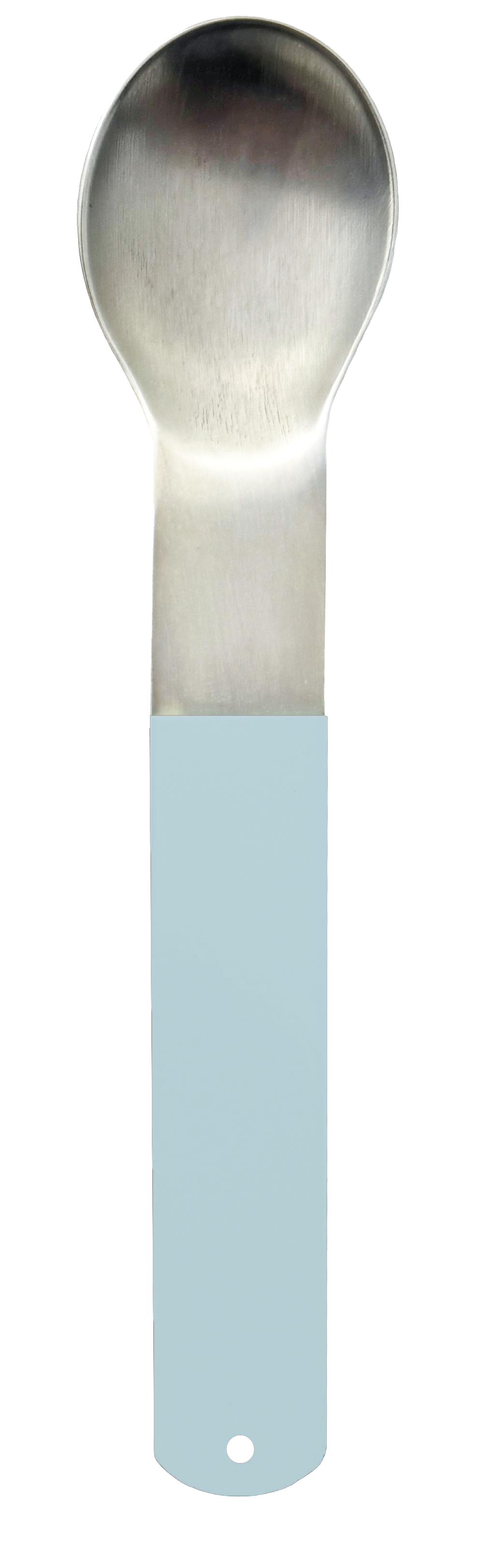 Silver-plated spoon with a rounded bowl and a powder-coated handle in a light blue.