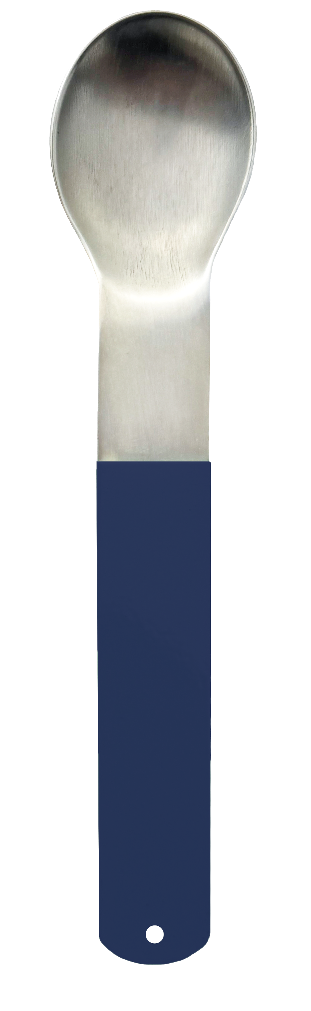 Silver-plated spoon with a rounded bowl and a powder-coated handle in a dark blue.