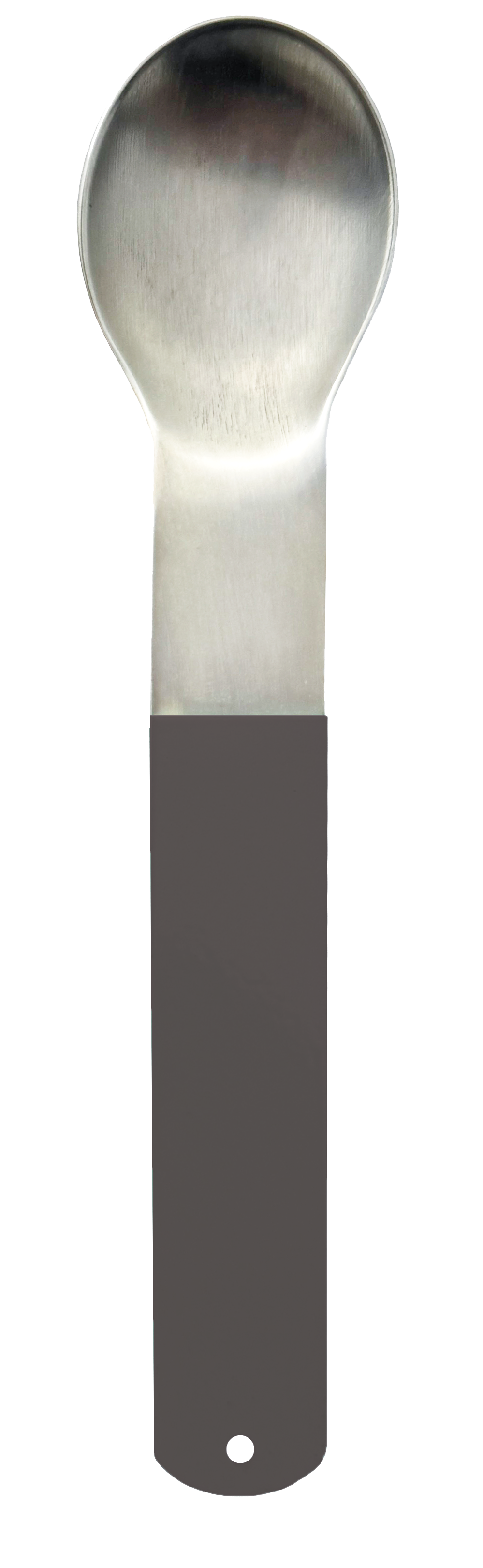 Silver-plated spoon with a rounded bowl and a powder-coated handle in a dark brown.