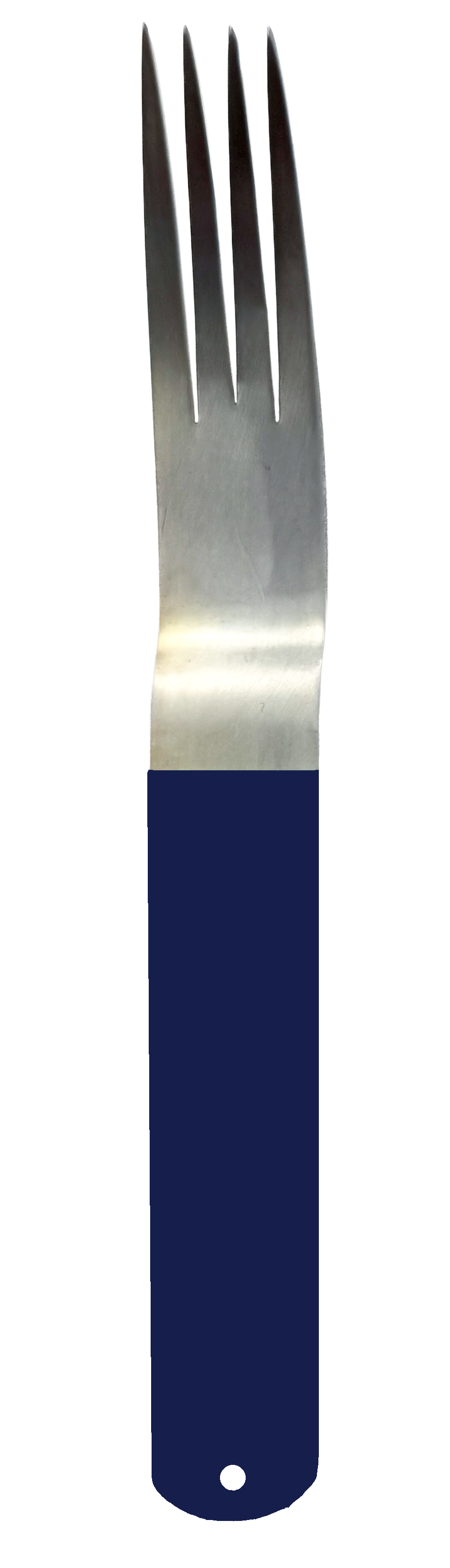 Silver-plated fork with four tines and a powder-coated handle in a dark blue.