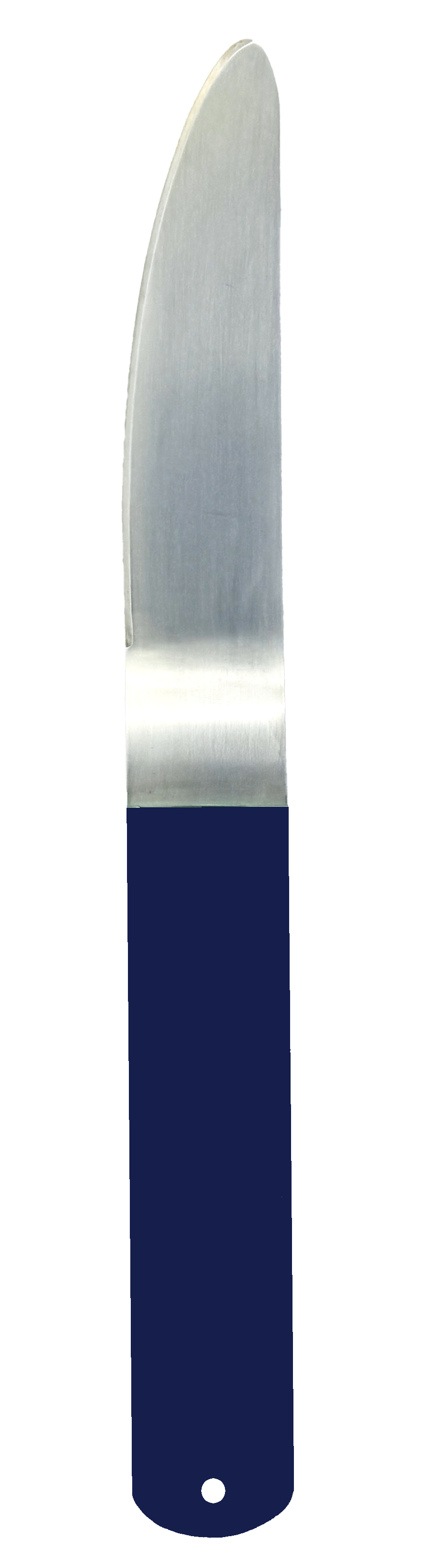 Silver-plated butter knife with a soft corners and a powder-coated handle in a dark blue.