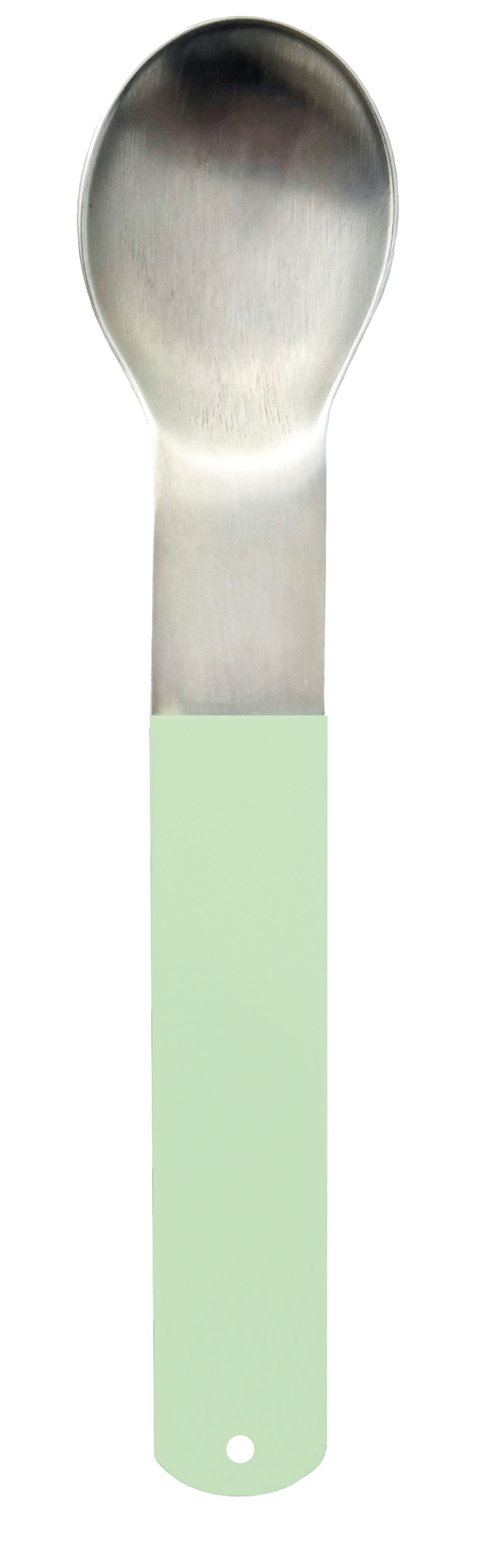 Silver-plated spoon with a rounded bowl and a powder-coated handle in a mint green.