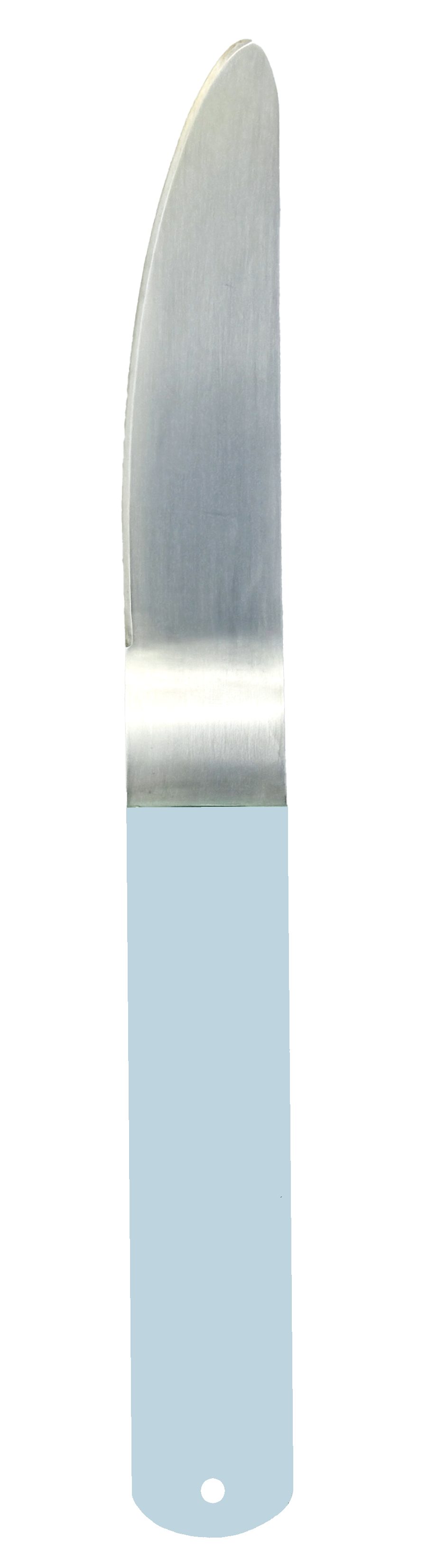 Silver-plated butter knife with a soft corners and a powder-coated handle in a light blue.