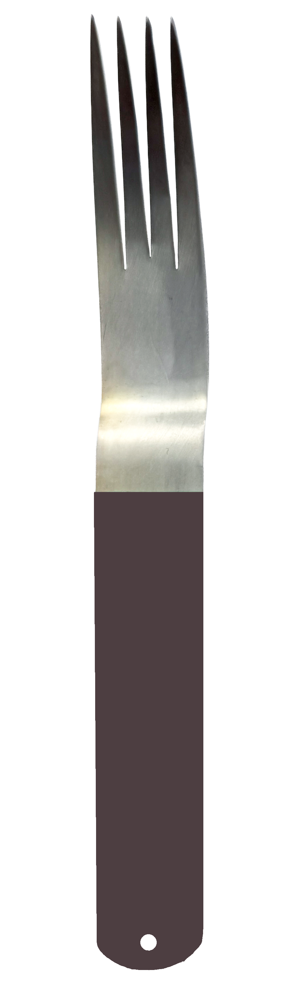 Silver-plated fork with four tines and a powder-coated handle in a dark brown.