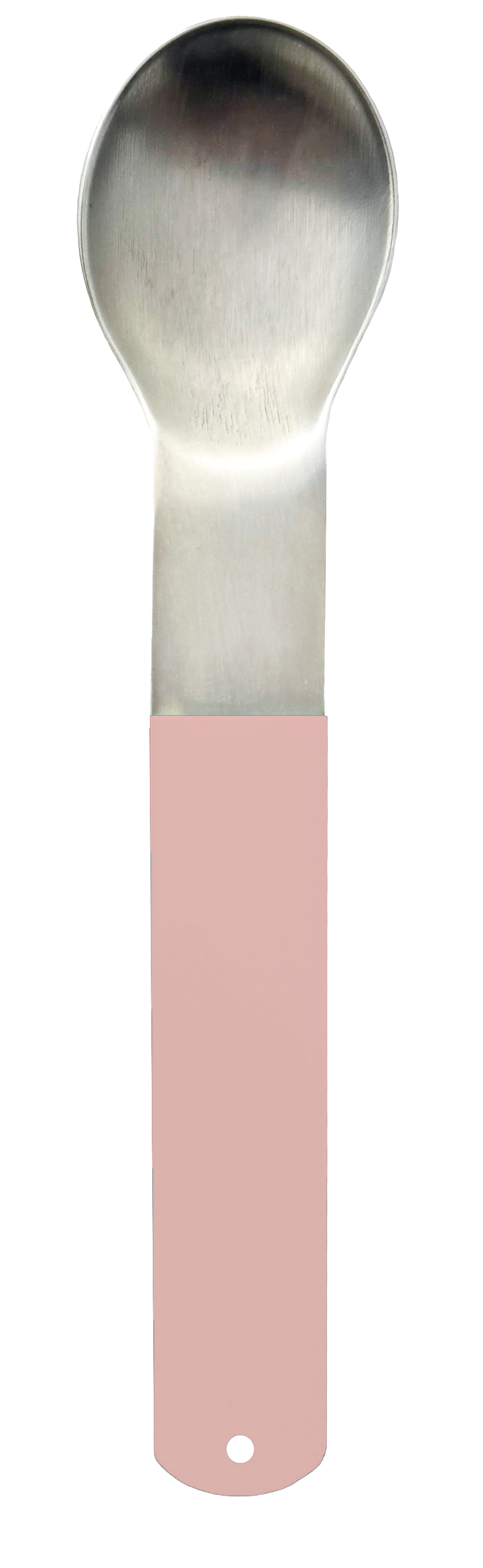 Silver-plated spoon with a rounded bowl and a powder-coated handle in a pink.