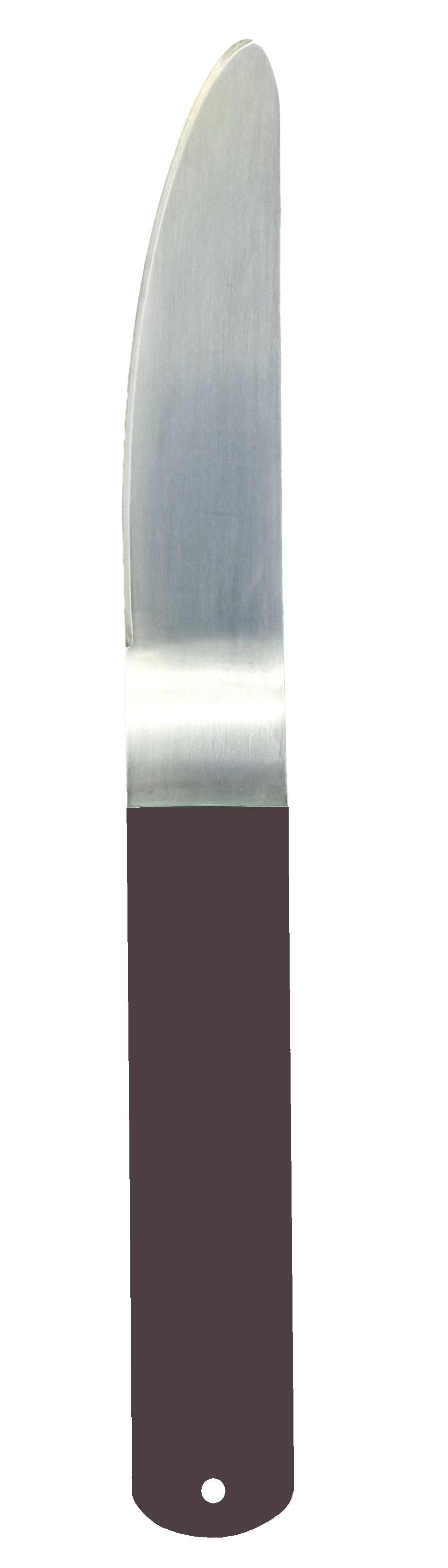 Silver-plated butter knife with a soft corners and a powder-coated handle in a dark brown.