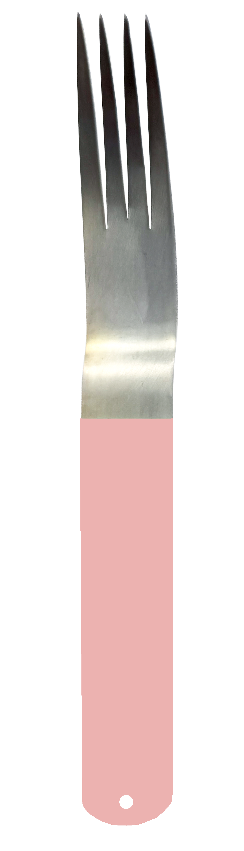 Silver-plated fork with four tines and a powder-coated handle in a pink.