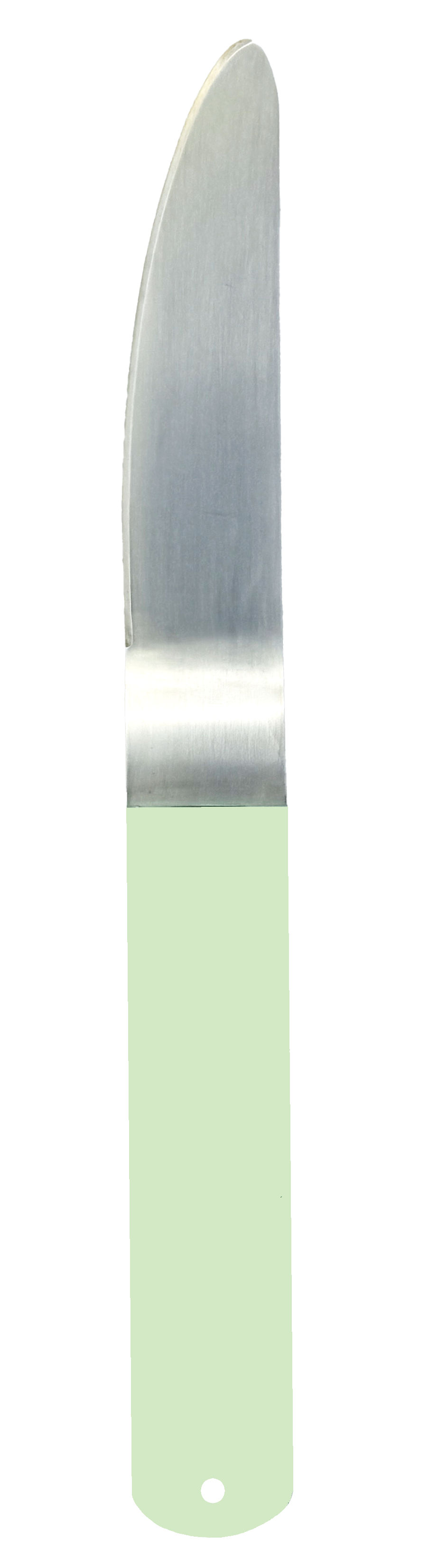 Silver-plated butter knife with a soft corners and a powder-coated handle in a mint green.
