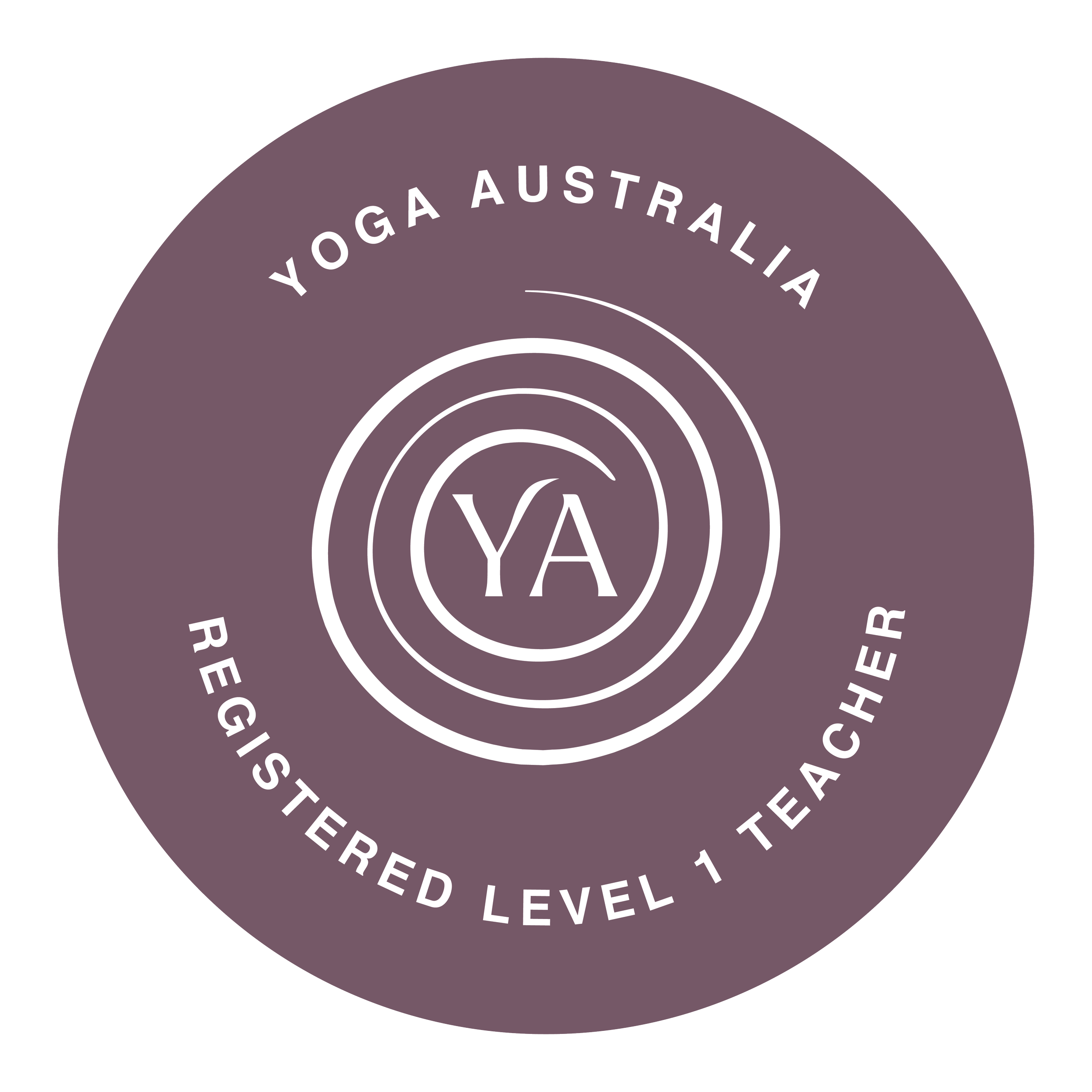 Circular logo with a purple background, featuring white text that reads 'YOGA AUSTRALIA' at the top and 'REGISTERED LEVEL 1 TEACHER' at the bottom. The center has a stylized spiral design with the letters 'YA' inside.