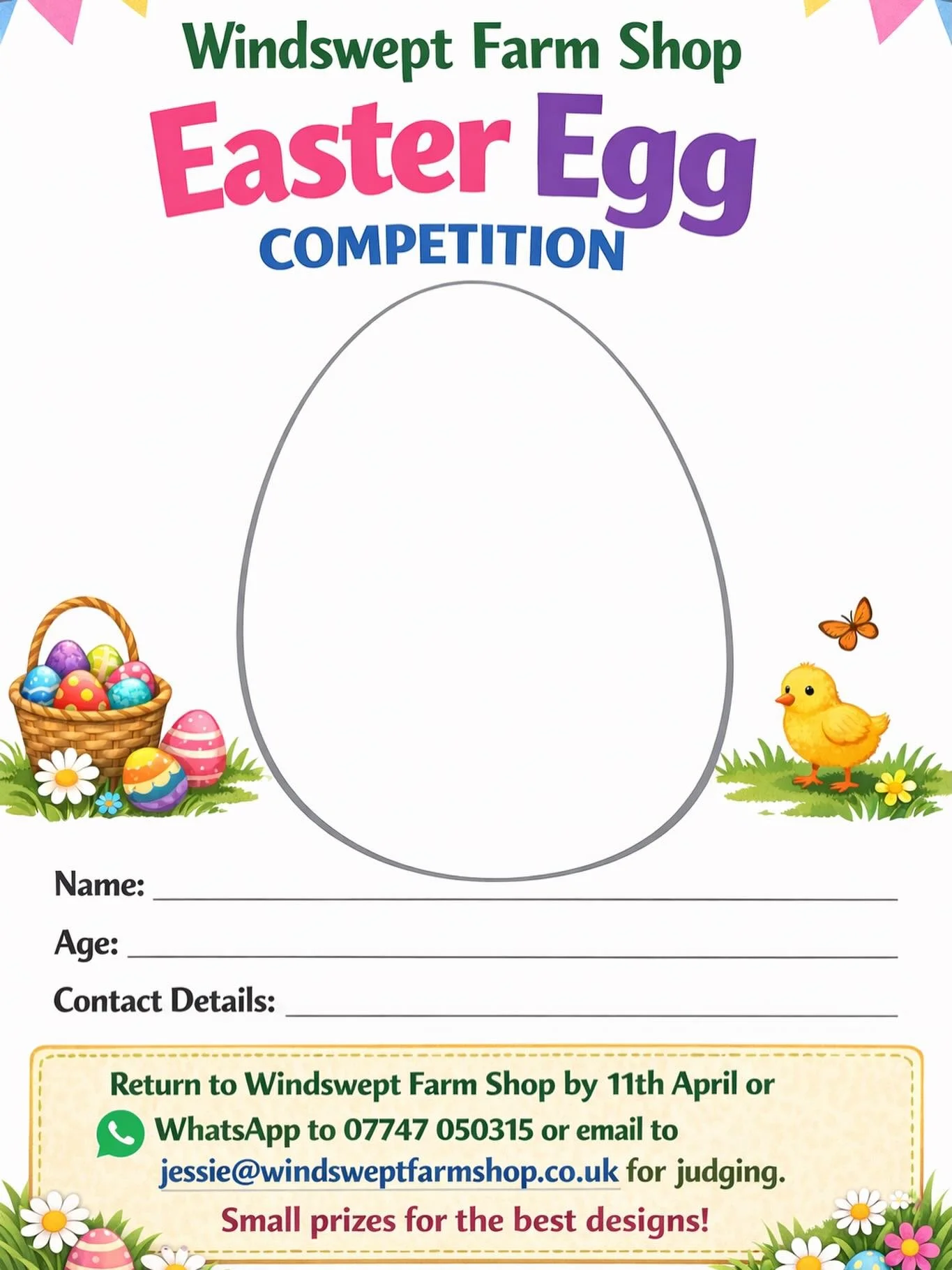 Print or colour online and return to us at Windswept for 11th April for judging.