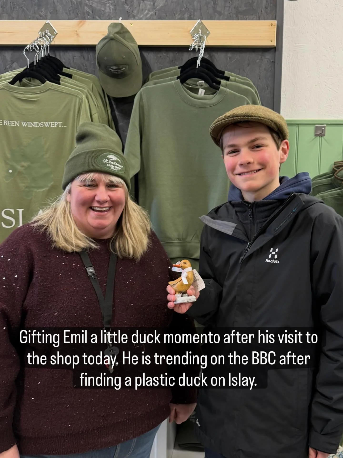 Jessie presenting Emil with a little Duck memento after he was trending in the BBC after fining a plastic duck on Islay 20yrs after it entered the water in Dublin.