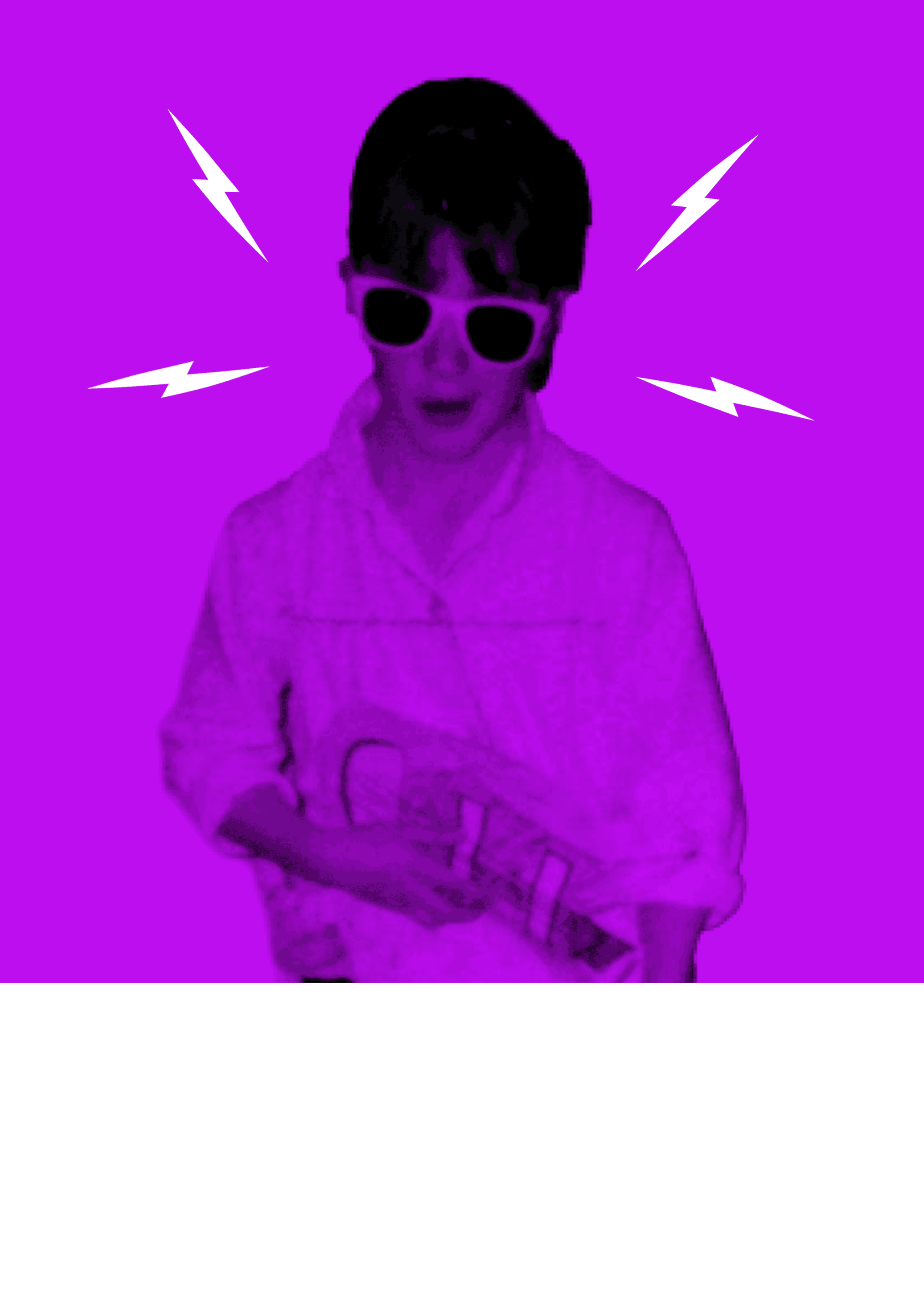 Person wearing sunglasses with a purple hue, surrounded by white lightning bolt graphics on a purple background.