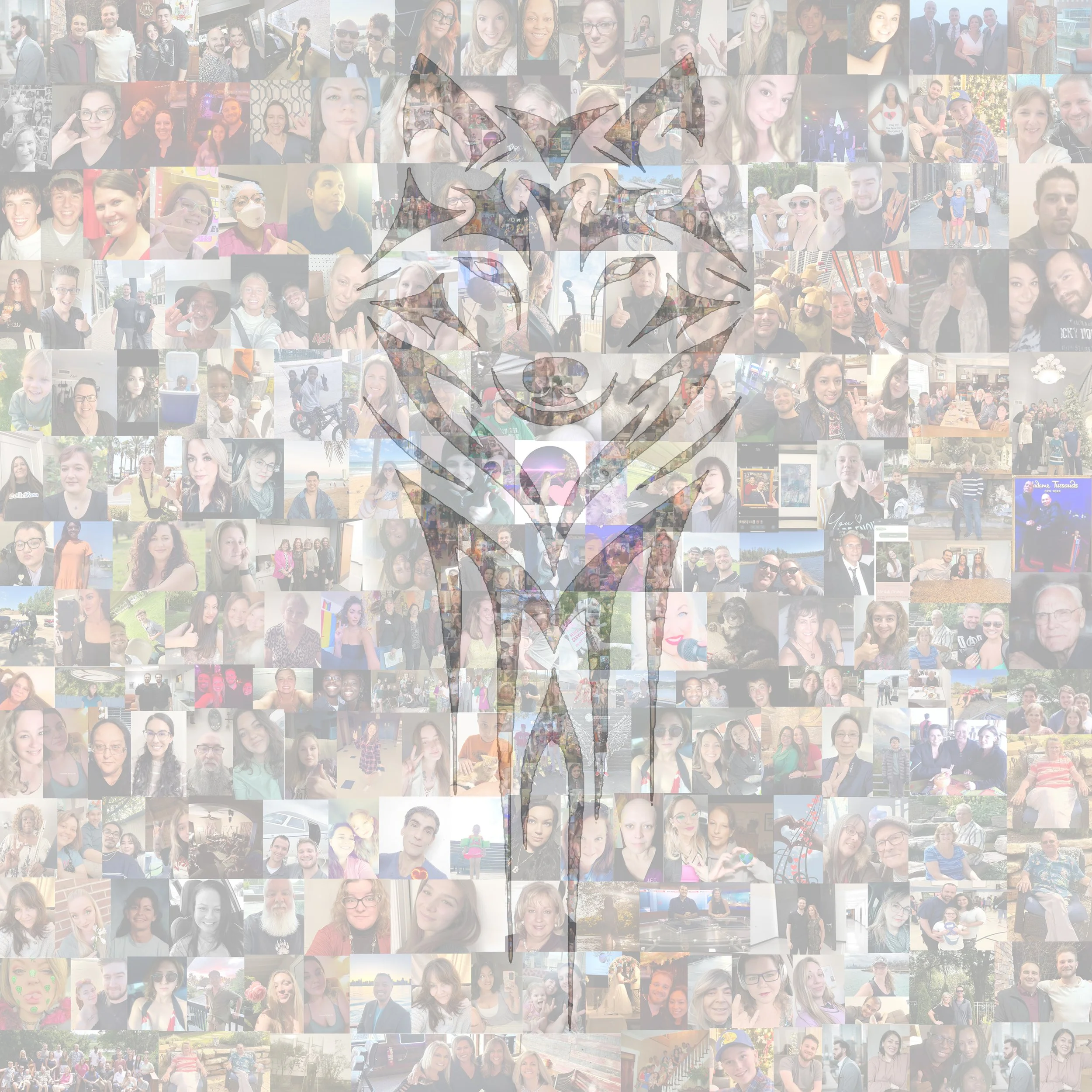 Collage of diverse people smiling and posing for photos, overlaid with a translucent tribal-style flower graphic.