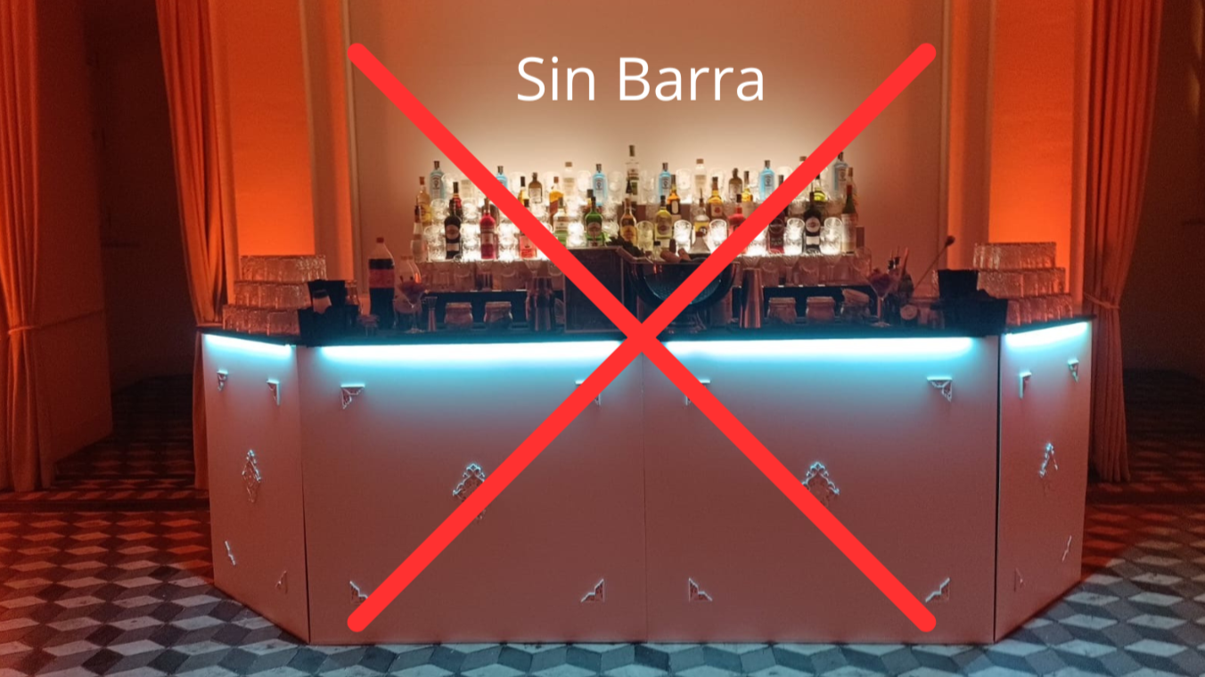 Barra de cócteles con iluminación LED y una señal que dice 'Sin Barra' con una gran 'X' roja sobre ella