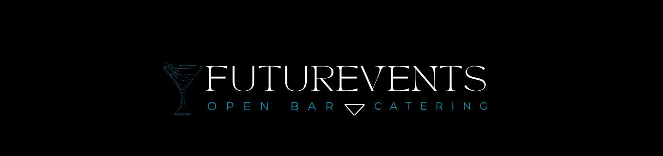 Logo de 'Futurevents' con un cóctel y las palabras 'Open Bar Catering' en fondo negro.