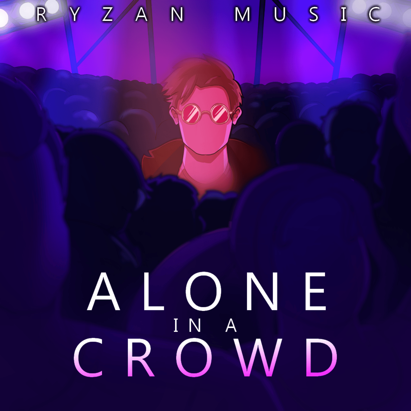 The cover for the song "Alone in a Crowd." It features a man in reddish hues standing prominently in a crowd of people.