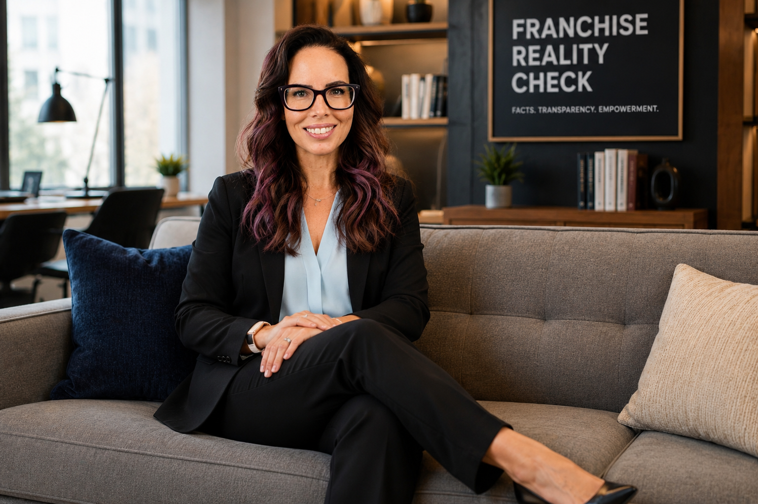 A woman with glasses and wavy, purple-highlighted hair sitting on a gray couch in a modern office space with large windows, bookshelves, and a sign reading 'Franchise Reality Check' in the background.