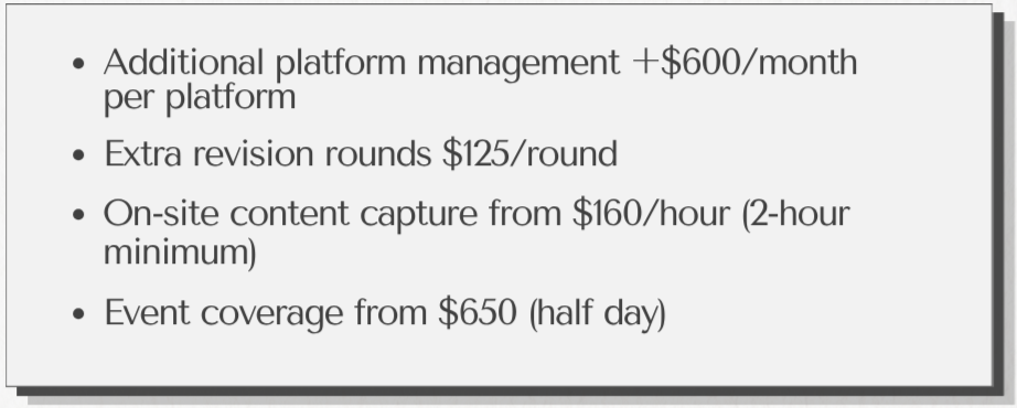 A presentation slide with pricing details and additional charges for event services, including platform management, revision rounds, content capture, and event coverage.