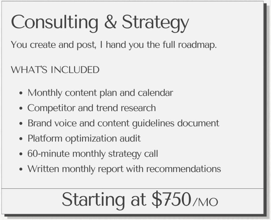 A flyer advertising consulting and strategy services. It states that the service includes a full roadmap, monthly content plans, competitor research, brand guidelines, platform audit, monthly strategy calls, and reports, starting at $750 per month.