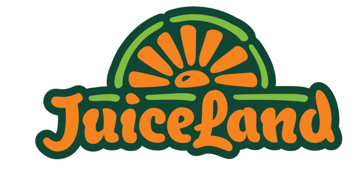 A colorful logo for JuiceLand featuring an orange slice above the word JuiceLand in orange text with a dark green outline.
